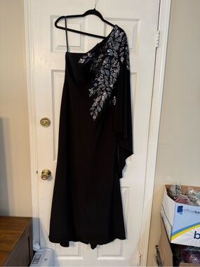 Xscape Black One-Shoulder Evening Gown with Silver Sequin Leaf Accent